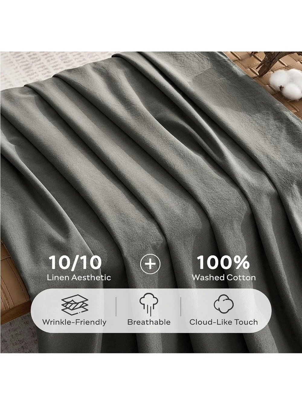 NEW JELLYMONI 100% Washed Cotton Twin Duvet Cover Set, Linen-Like Texture. Grey